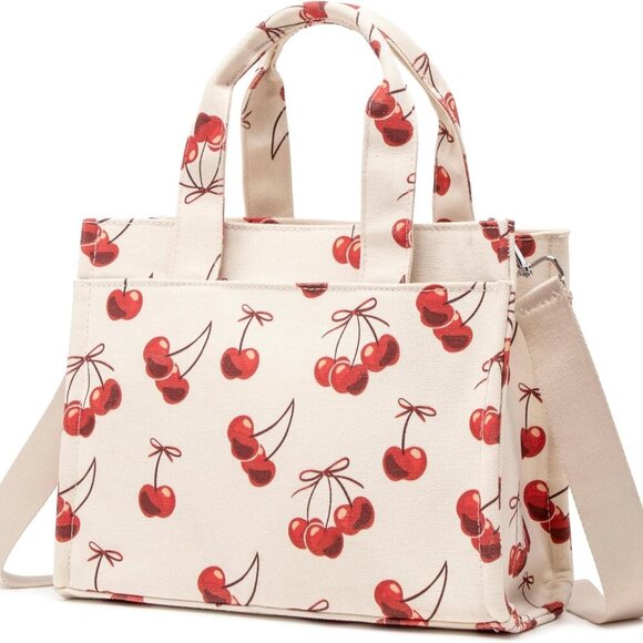 Lightweight Women's Cherry Print Canvas Crossbody Tote – Stylish & Functional - Picture 5 of 7